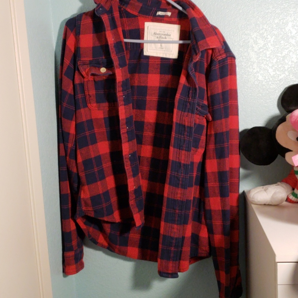 Red and navy blue checkered flannel